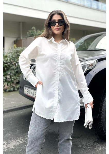 Kadın Ekru Terikoton Kumaş, Yırtmaçlı, Rahat Uzun Gömlek