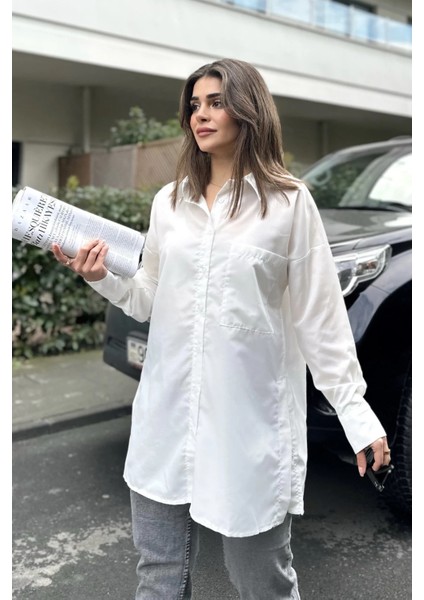 Kadın Ekru Terikoton Kumaş, Yırtmaçlı, Rahat Uzun Gömlek modelleri