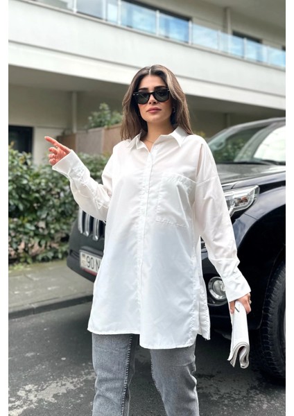 Kadın Ekru Terikoton Kumaş, Yırtmaçlı, Rahat Uzun Gömlek indirimleri