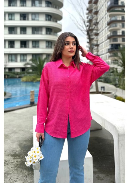 Kadın Fuşya Basic Model, Gofre Kumaş, Salaş Gömlek