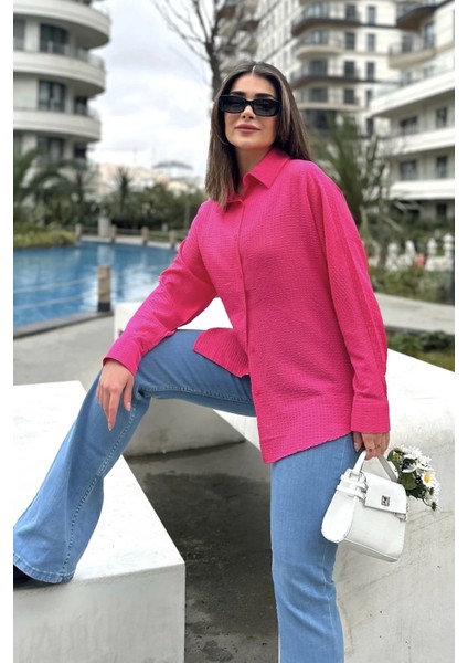 Kadın Fuşya Basic Model, Gofre Kumaş, Salaş Gömlek