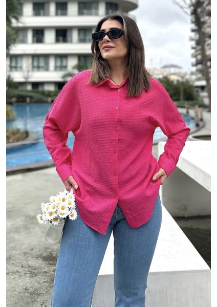 Kadın Fuşya Basic Model, Gofre Kumaş, Salaş Gömlek