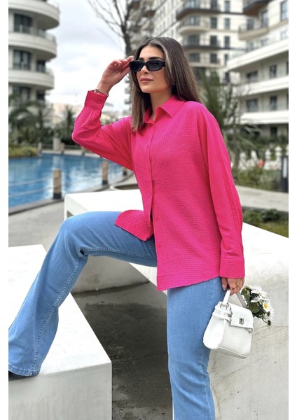 Kadın Fuşya Basic Model, Gofre Kumaş, Salaş Gömlek