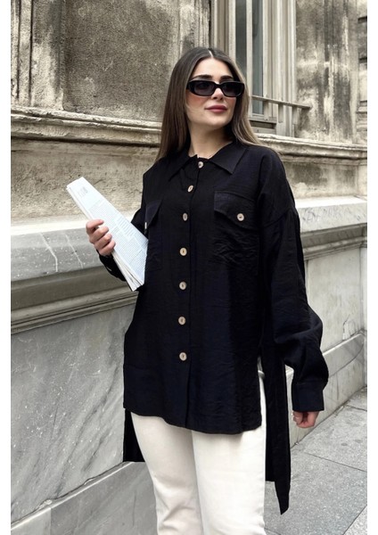 Kadın Siyah Balon Kol, Pileli, Yırtmaçlı, Oversize, Keten Tunik Gömlek