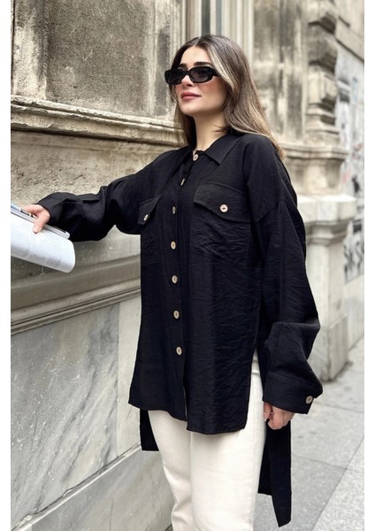 Kadın Siyah Balon Kol, Pileli, Yırtmaçlı, Oversize, Keten Tunik Gömlek modelleri