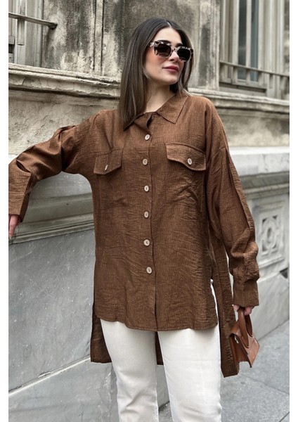 Kadın Kahve Balon Kol, Pileli, Yırtmaçlı, Oversize, Keten Tunik Gömlek