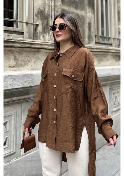 Kadın Kahve Balon Kol, Pileli, Yırtmaçlı, Oversize, Keten Tunik Gömlek fiyatları