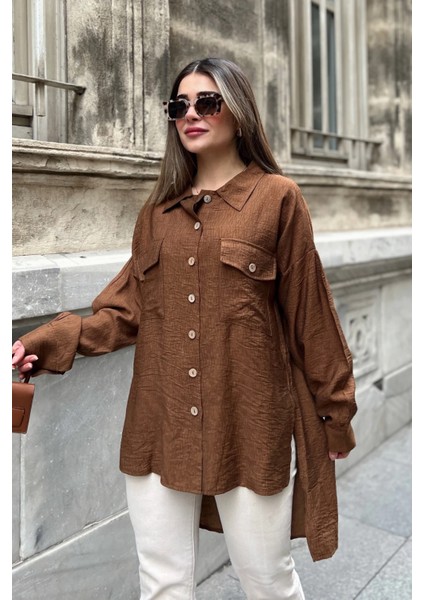 Kadın Kahve Balon Kol, Pileli, Yırtmaçlı, Oversize, Keten Tunik Gömlek modelleri