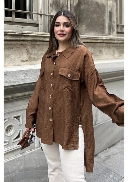 Kadın Kahve Balon Kol, Pileli, Yırtmaçlı, Oversize, Keten Tunik Gömlek fırsatları