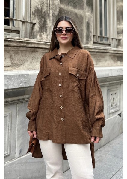 Kadın Kahve Balon Kol, Pileli, Yırtmaçlı, Oversize, Keten Tunik Gömlek indirimleri