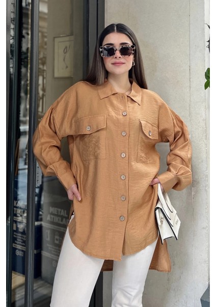 Kadın Taba Balon Kol, Pileli, Yırtmaçlı, Oversize, Keten Tunik Gömlek modelleri