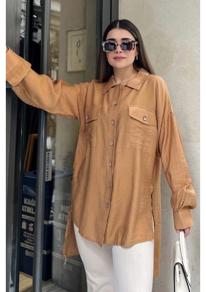 Kadın Taba Balon Kol, Pileli, Yırtmaçlı, Oversize, Keten Tunik Gömlek fırsatları