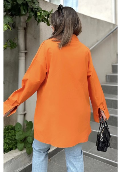 Kadın Turuncu Terikoton Kumaş, Yırtmaçlı, Rahat Uzun Gömlek fiyatları