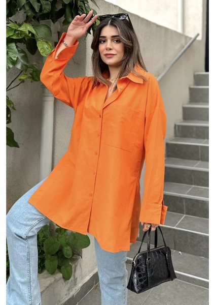 Kadın Turuncu Terikoton Kumaş, Yırtmaçlı, Rahat Uzun Gömlek modelleri