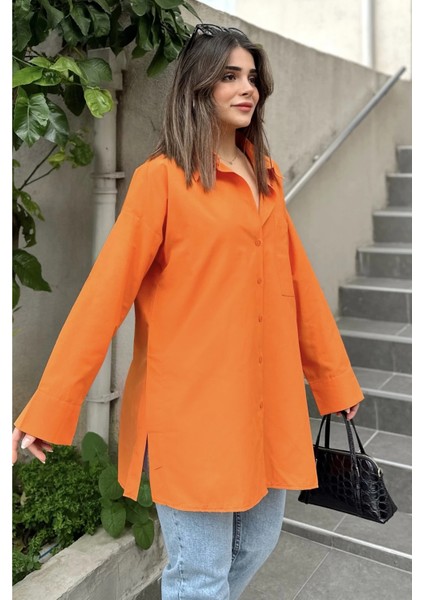 Kadın Turuncu Terikoton Kumaş, Yırtmaçlı, Rahat Uzun Gömlek fırsatları