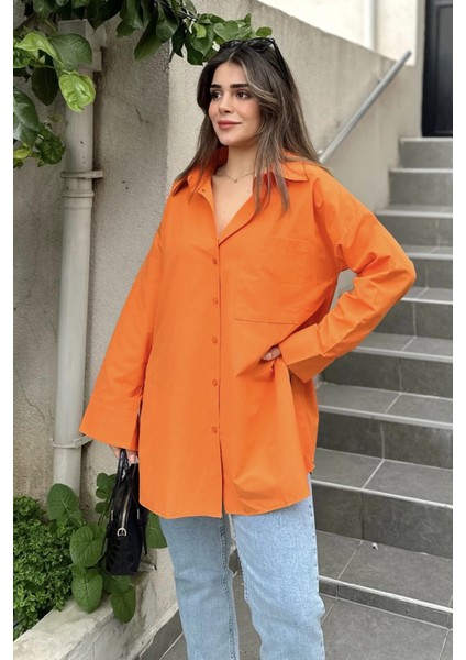 Kadın Turuncu Terikoton Kumaş, Yırtmaçlı, Rahat Uzun Gömlek indirimleri