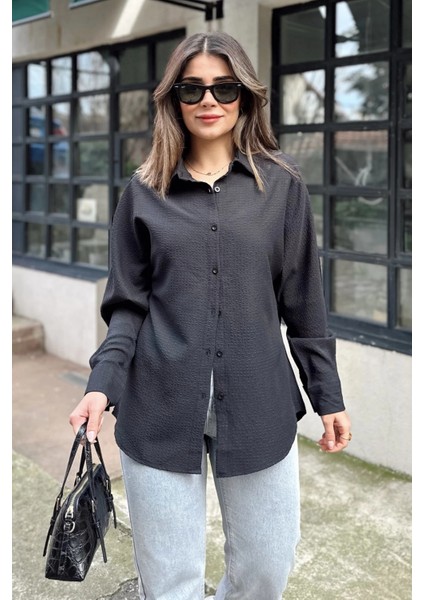 Kadın Siyah Basic Model, Gofre Kumaş, Salaş Gömlek