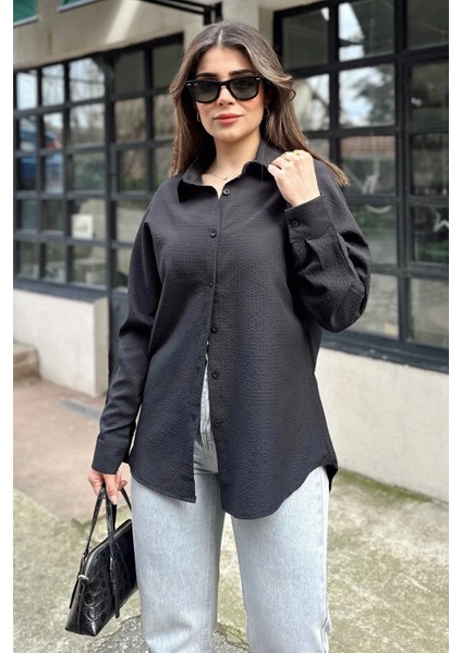 Kadın Siyah Basic Model, Gofre Kumaş, Salaş Gömlek fiyatları