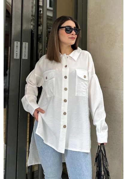 Kadın Beyaz Balon Kol, Pileli, Yırtmaçlı, Oversize, Keten Tunik Gömlek