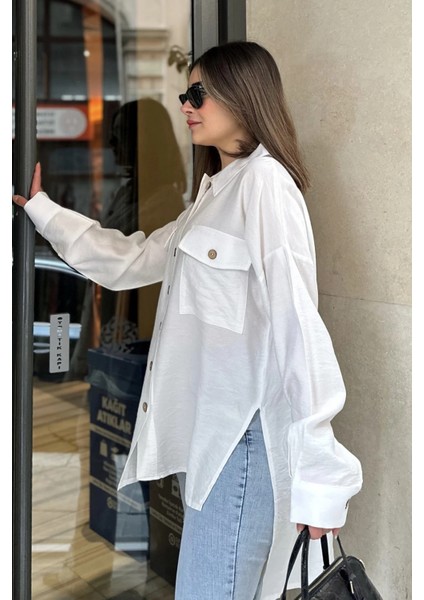Kadın Beyaz Balon Kol, Pileli, Yırtmaçlı, Oversize, Keten Tunik Gömlek fiyatları