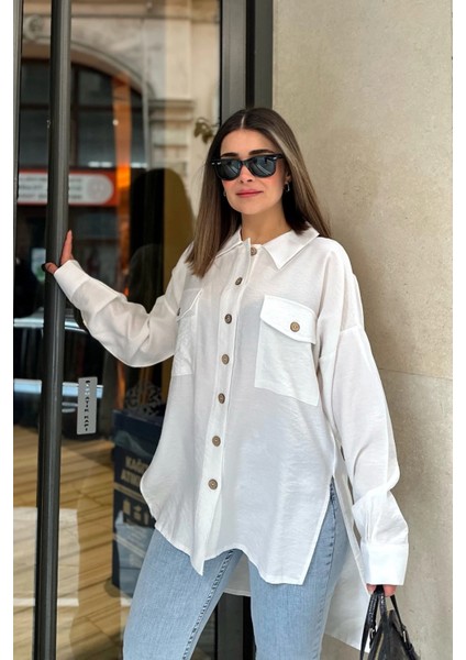 Kadın Beyaz Balon Kol, Pileli, Yırtmaçlı, Oversize, Keten Tunik Gömlek modelleri
