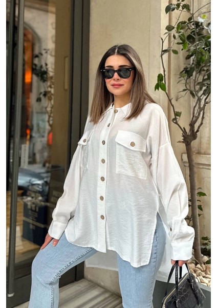 Kadın Beyaz Balon Kol, Pileli, Yırtmaçlı, Oversize, Keten Tunik Gömlek fırsatları