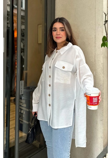 Kadın Beyaz Balon Kol, Pileli, Yırtmaçlı, Oversize, Keten Tunik Gömlek indirimleri