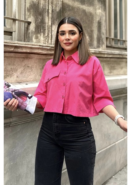 Kadın Fuşya Yarım Kol, Cep ve Kol Detaylı, Terikoton Kumaş, Crop Gömlek