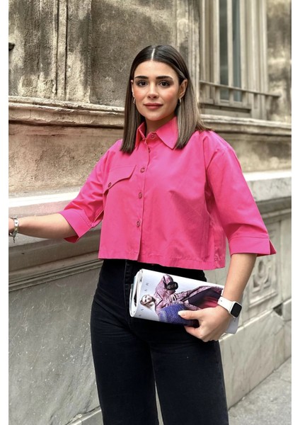 Kadın Fuşya Yarım Kol, Cep ve Kol Detaylı, Terikoton Kumaş, Crop Gömlek modelleri