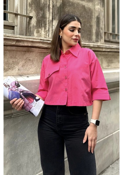 Kadın Fuşya Yarım Kol, Cep ve Kol Detaylı, Terikoton Kumaş, Crop Gömlek fırsatları