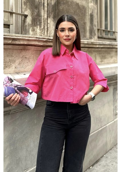 Kadın Fuşya Yarım Kol, Cep ve Kol Detaylı, Terikoton Kumaş, Crop Gömlek indirimleri