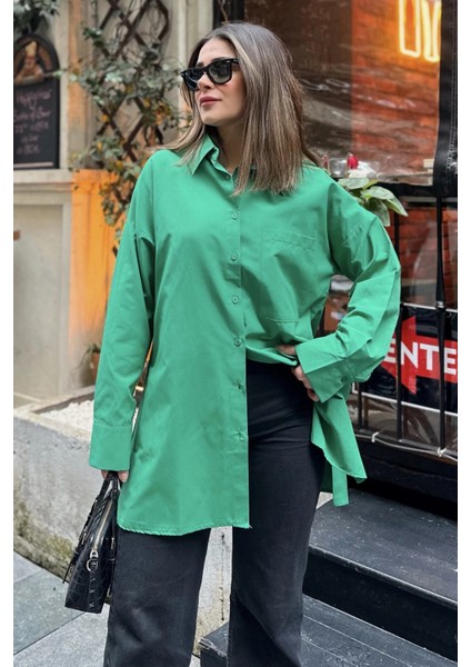 Kadın Yeşil Basic Model, Gofre Kumaş, Salaş Gömlek