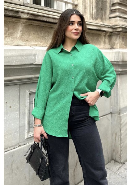 Kadın Yeşil Basic Model, Gofre Kumaş, Salaş Gömlek