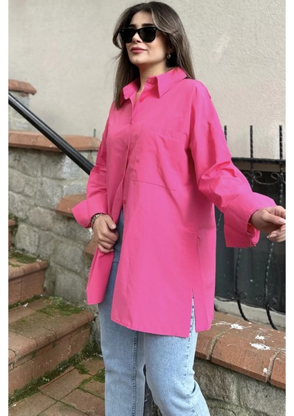 Kadın Fuşya Terikoton Kumaş, Yırtmaçlı, Rahat Uzun Gömlek