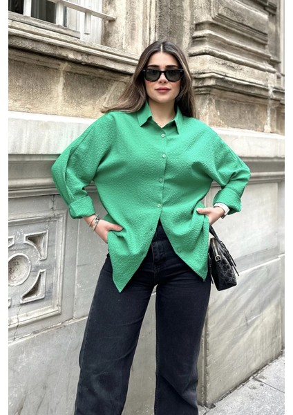 Kadın Yeşil Basic Model, Gofre Kumaş, Salaş Gömlek modelleri