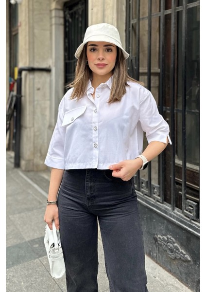 Kadın Beyaz Yarım Kol, Cep ve Kol Detaylı, Terikoton Kumaş, Crop Gömlek modelleri