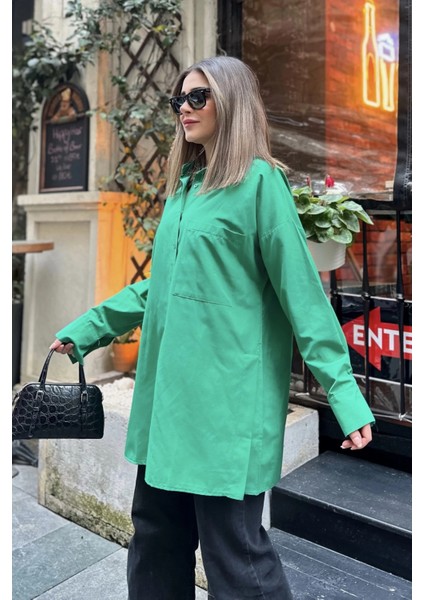 Kadın Yeşil Terikoton Kumaş, Yırtmaçlı, Rahat Uzun Gömlek fiyatları