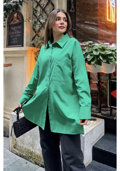 Kadın Yeşil Terikoton Kumaş, Yırtmaçlı, Rahat Uzun Gömlek modelleri