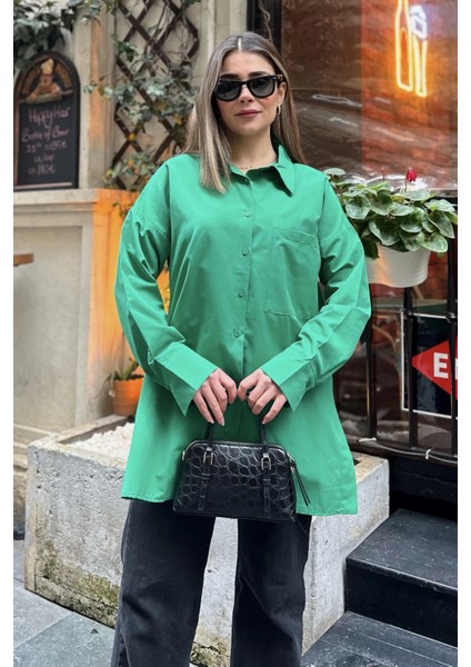 Kadın Yeşil Terikoton Kumaş, Yırtmaçlı, Rahat Uzun Gömlek indirimleri