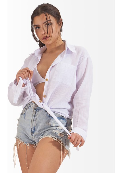 Müslin Gömlek Bağlamalı Helen Model Beyaz