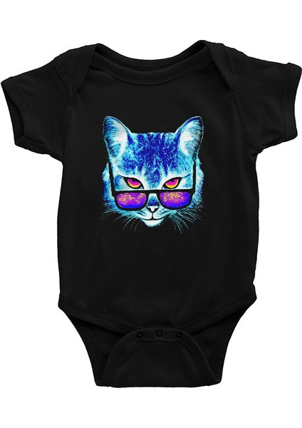 Gözlüklü Kedi Siyah Unisex Bebek Body - Zıbın