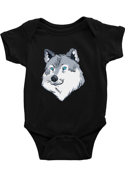 Mavi Gözlü Köpek Sibirya Kurdu Husky Haski Siyah Unisex Bebek Body - Zıbın