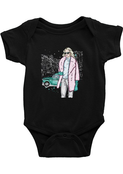 Pembe Kürk Tarzlı Kız Fashion Siyah Unisex Bebek Body - Zıbın