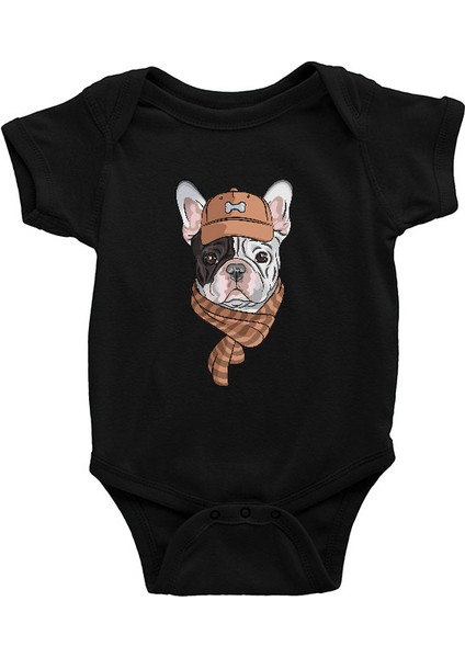 Şapkalı Fransız Buldoğu Siyah Unisex Bebek Body - Zıbın