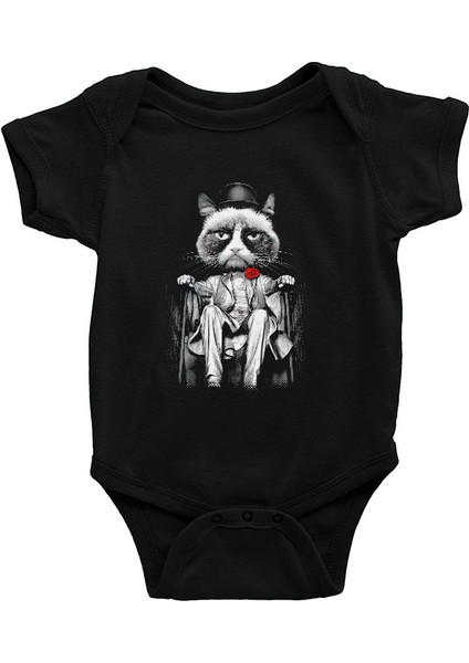 Mafya Babası Kedicik Siyah Unisex Bebek Body - Zıbın