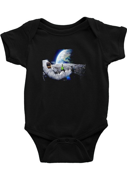Astronot Ayda Bira Keyfi Siyah Unisex Bebek Body - Zıbın