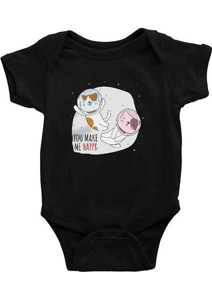 Astronot Kedicikler Siyah Unisex Bebek Body - Zıbın