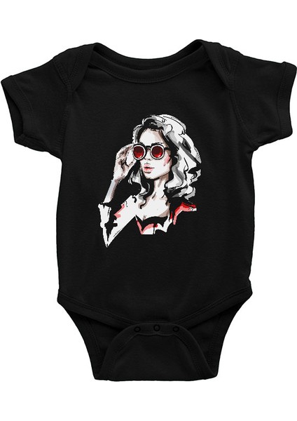 Gözlüklü Kız Moda Siyah Unisex Bebek Body - Zıbın