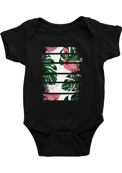 Pembe Flamingo Siyah Unisex Bebek Body - Zıbın