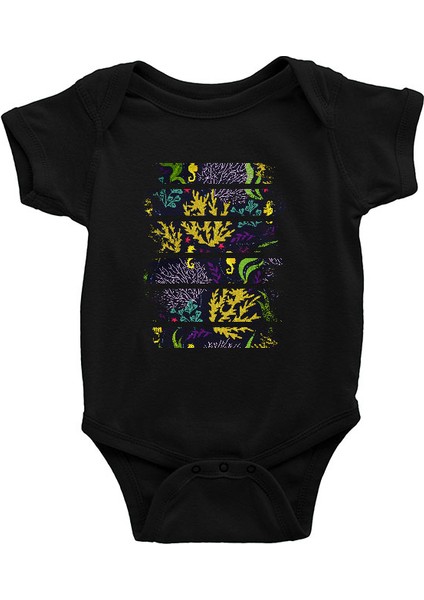 Su Altı Bitkileri Siyah Unisex Bebek Body - Zıbın